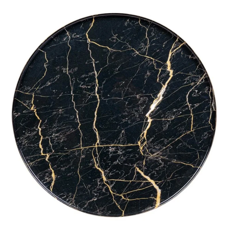 Tavolino rotondo in metallo dorato con piano effetto marmo nero - KALEB