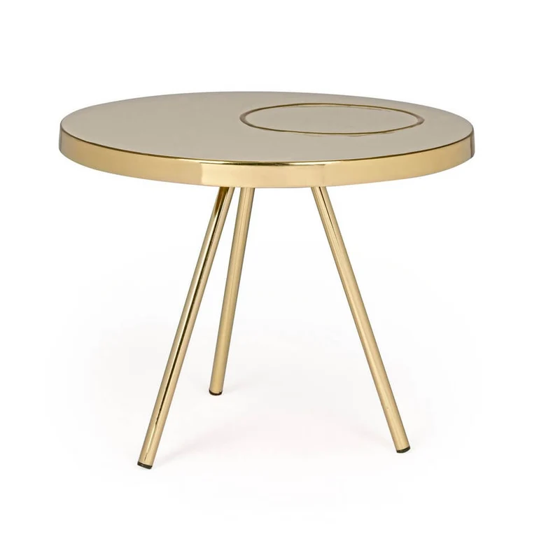 Tavolino rotondo in acciaio ottonato lucido con piano smaltato - KALEB
