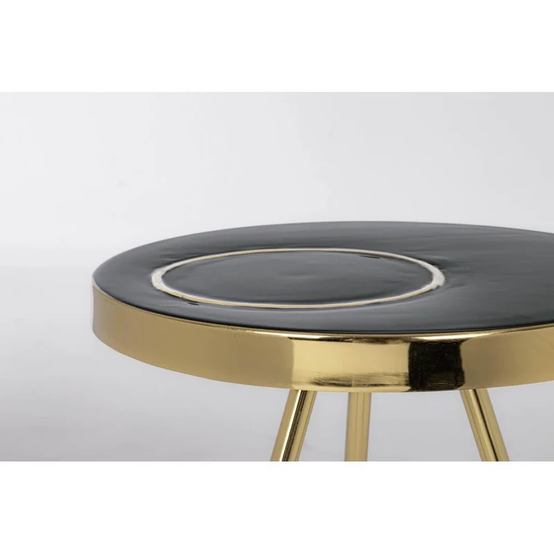 Tavolino rotondo in acciaio ottonato con piano smaltato nero - KALEB