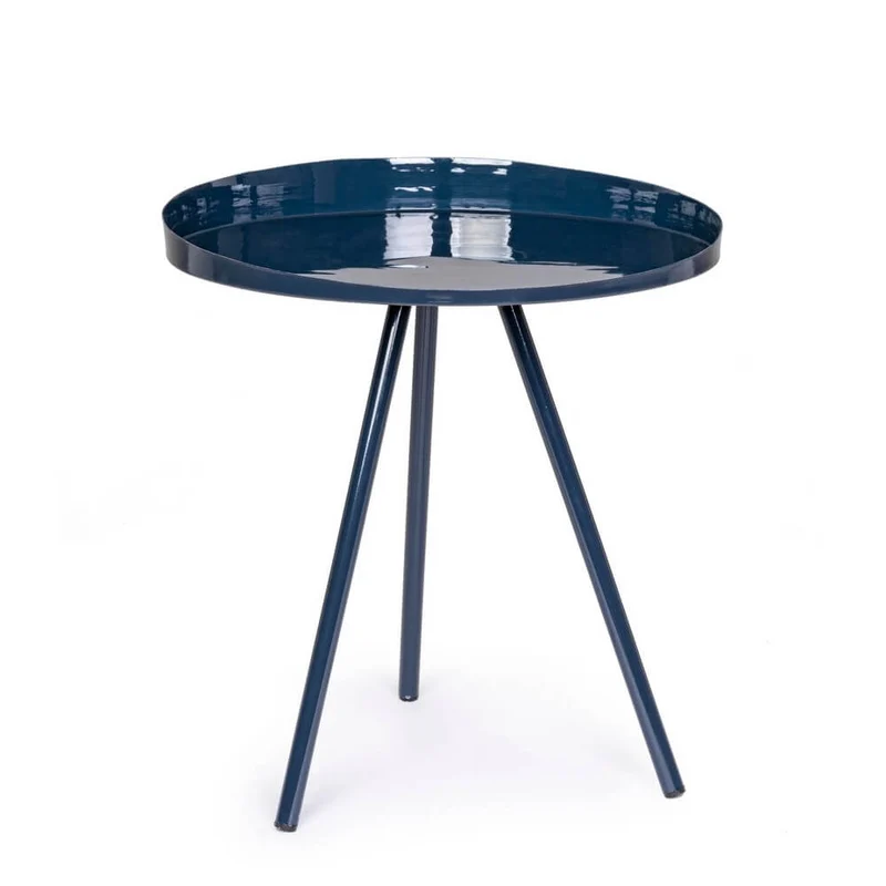 Tavolino rotondo in acciaio smaltato blu con tre gambe - KALEB