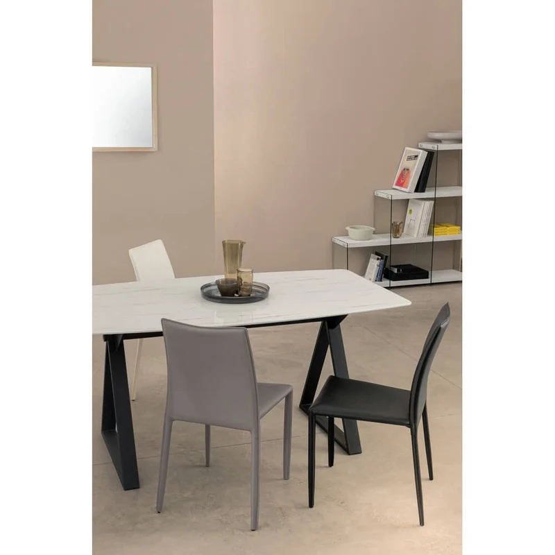 Tavolo da Pranzo Piano Effetto Marmo con Base in Acciaio Nero - LUNA