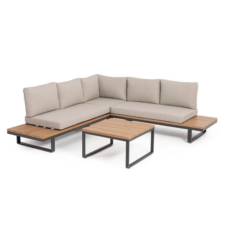 Set Salotto da Giardino Angolare con Cuscini in Alluminio e Legno - VELISSA