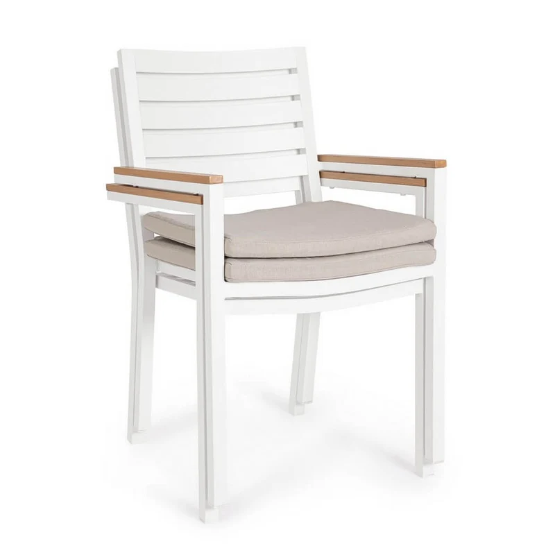 Set di 4 Sedie da Giardino con Braccioli e Cuscino in Alluminio Bianco Impilabili - CARMEYA