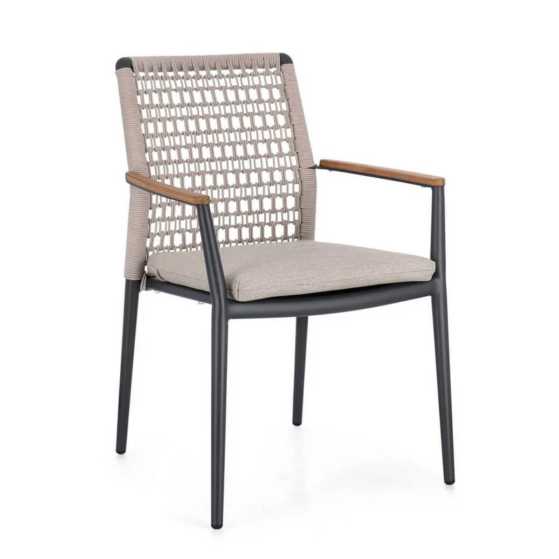 Set di 4 Sedie da Esterno con Braccioli e Cuscini in Alluminio Corda e Teak - ODELIS