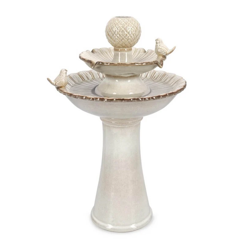Fontana da Giardino in Ceramica con Uccellini e Luce LED Beige e Verde - LUNARA