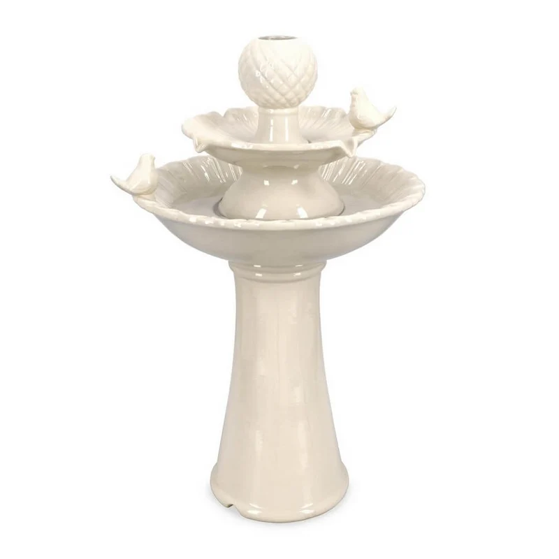 Fontana da Giardino in Ceramica con Uccellini e Luce LED Avorio - LUNARA