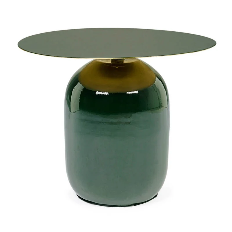 Tavolino rotondo in acciaio smaltato verde con base bombata - KALEB