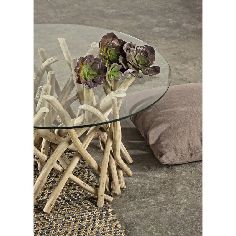 Tavolino rotondo in rami di teak con piano in vetro temperato - KAI