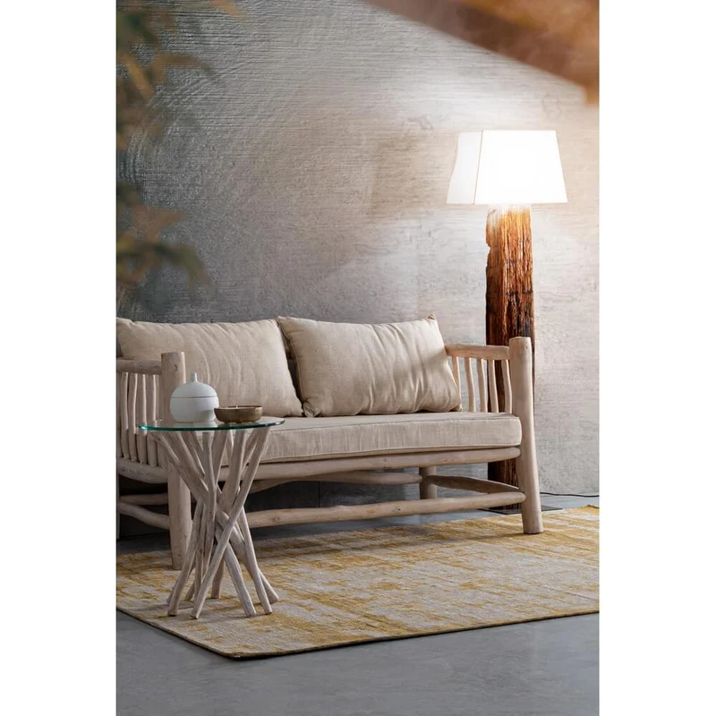 Tavolino rotondo in rami di teak con piano in vetro - KAI