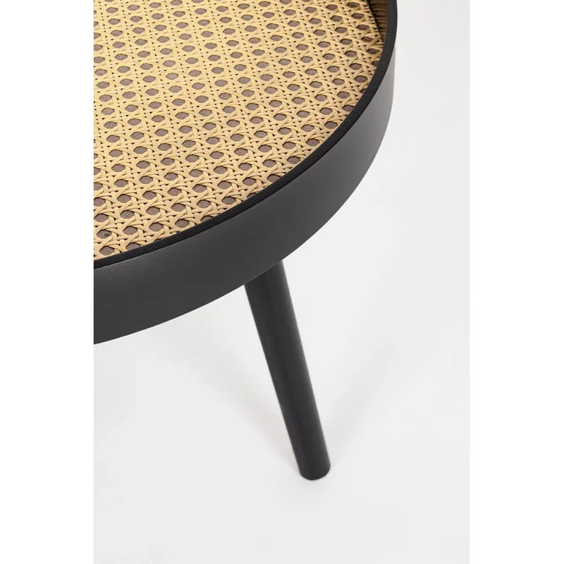Tavolino rotondo in legno nero con piano in rattan D50 - JOSIE