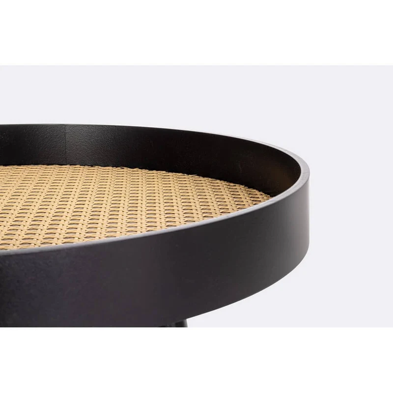 Tavolino rotondo in legno nero con piano in rattan D50 - JOSIE