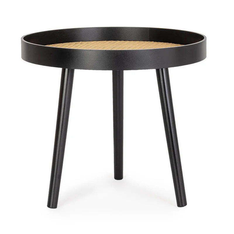 Tavolino rotondo in legno nero con piano in rattan D50 - JOSIE