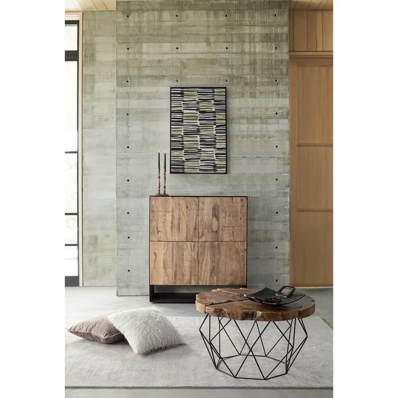 Tavolino rotondo in radica di teak con base in acciaio geometrica - IVY