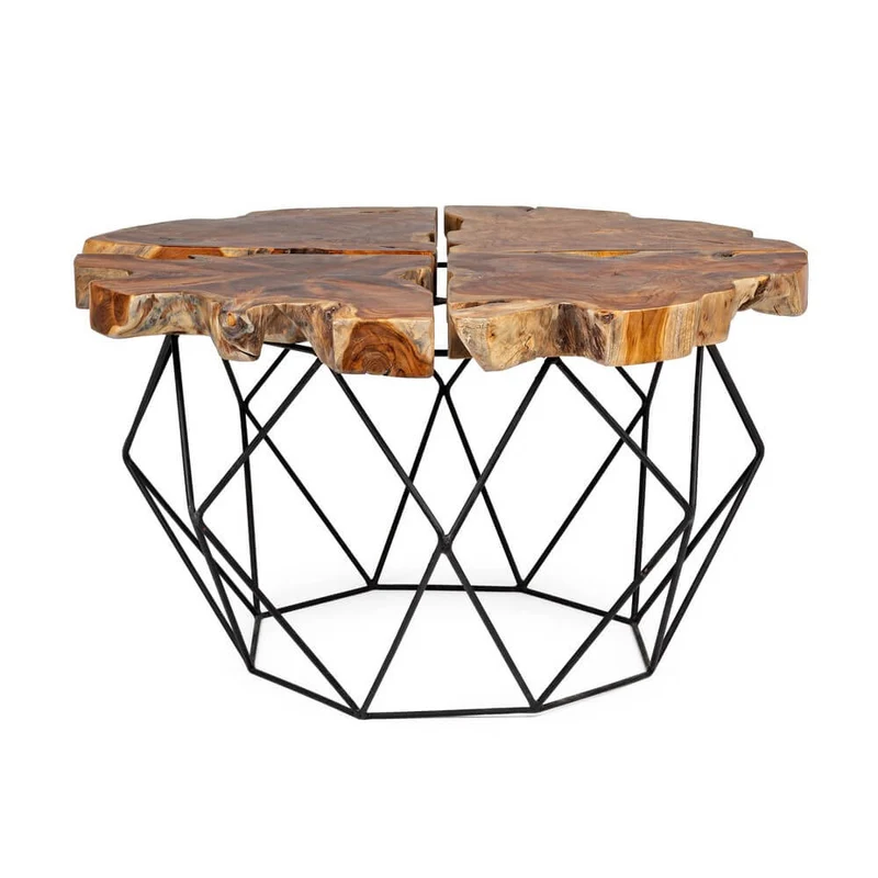 Tavolino rotondo in radica di teak con base in acciaio geometrica - IVY