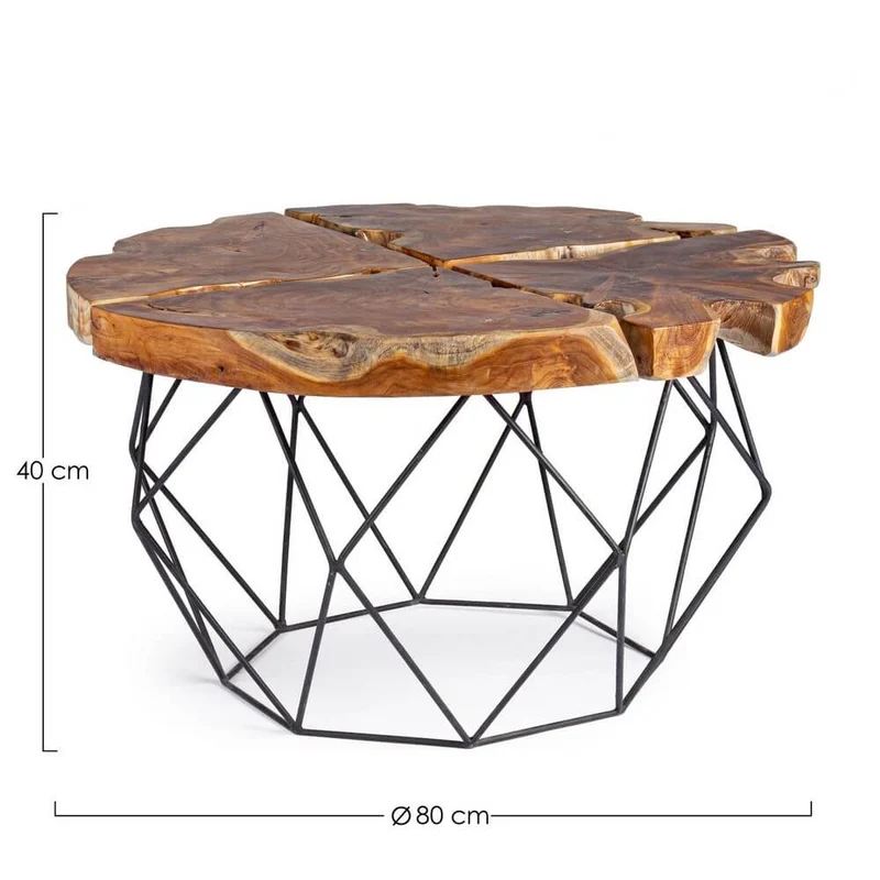 Tavolino rotondo in radica di teak con base in acciaio geometrica - IVY