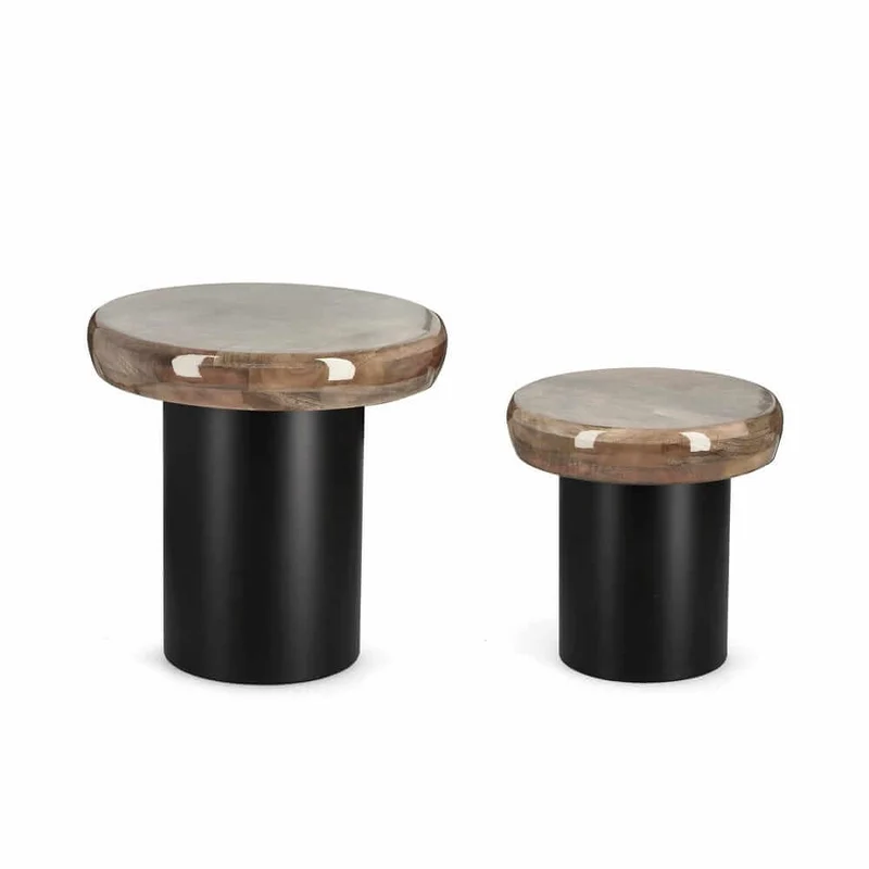 Set di 2 Tavolini Rotondi in Legno di Mango e Base in Acciaio - HYBRID