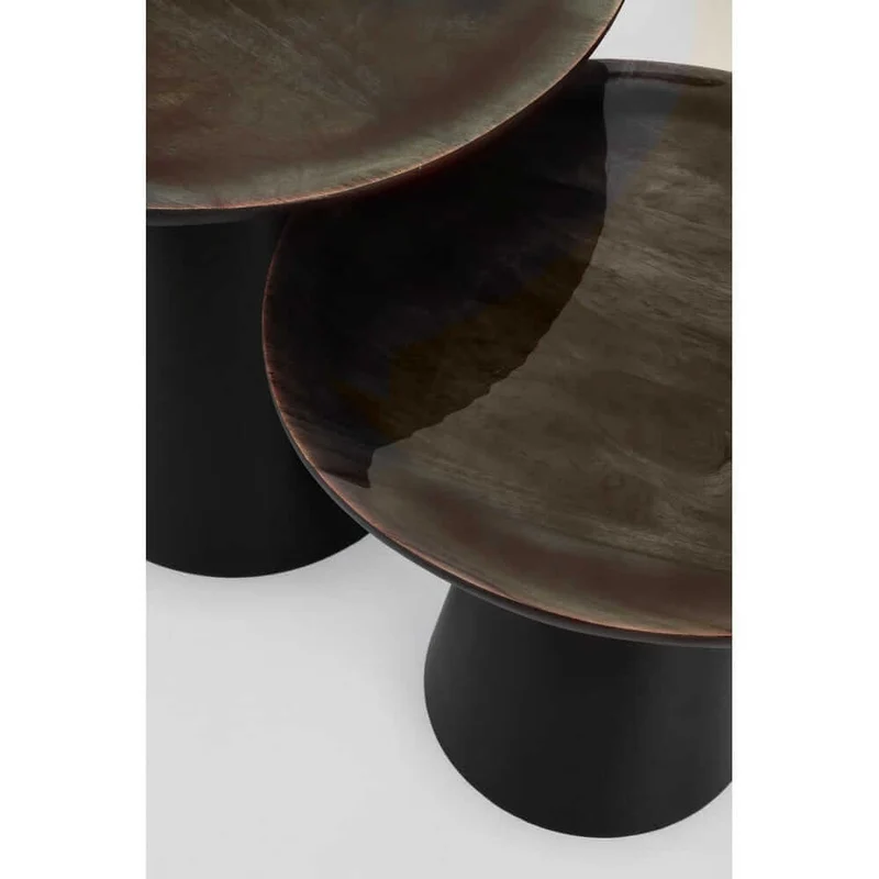 Set da 2 Tavolini Rotondi in Legno di Mango Smaltato con Base in Acciaio - HYBRID
