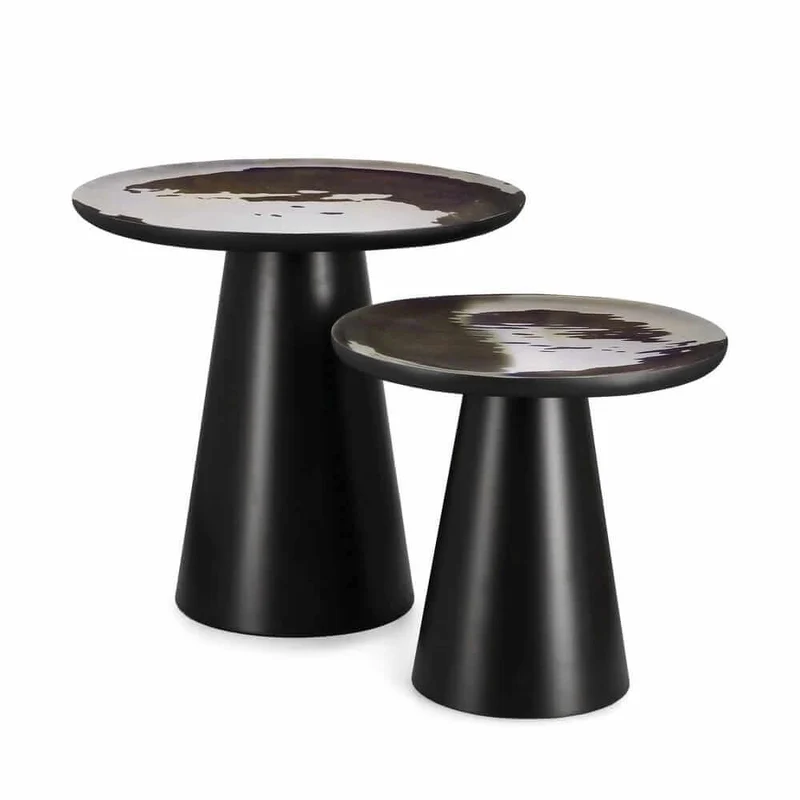 Set da 2 Tavolini Rotondi in Legno di Mango Smaltato con Base in Acciaio - HYBRID