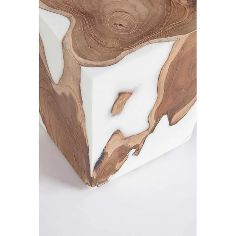 Tavolino in Radica di Teak e Resina Bianca Effetto Organico - FROSTY