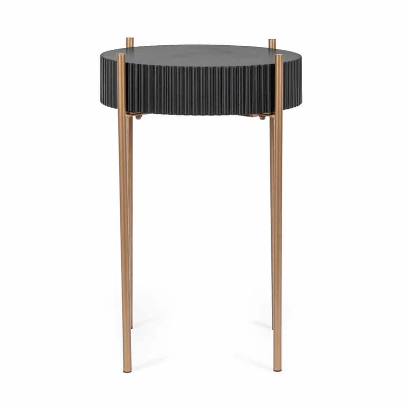 Tavolino rotondo piano MDF nero con gambe in acciaio dorato - FREYA