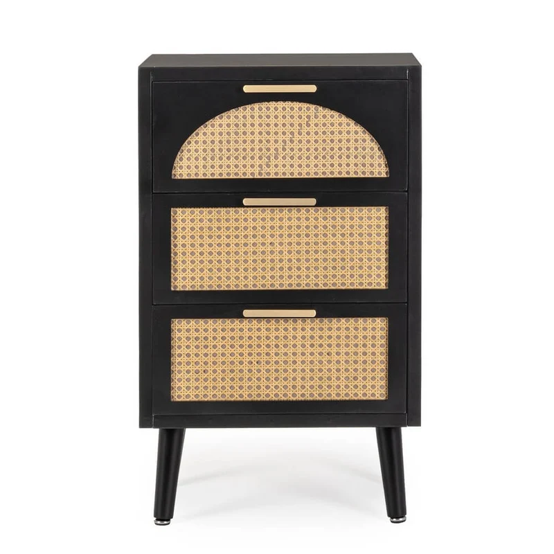 Cassettiera 3 Cassetti in MDF con Inserti in Rattan e Gambe in Legno - JOSIE