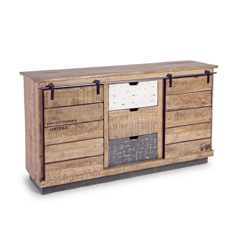 Credenza in Legno di Mango 2 Ante Scorrevoli e 3 Cassetti Stile Industriale - THEODORE