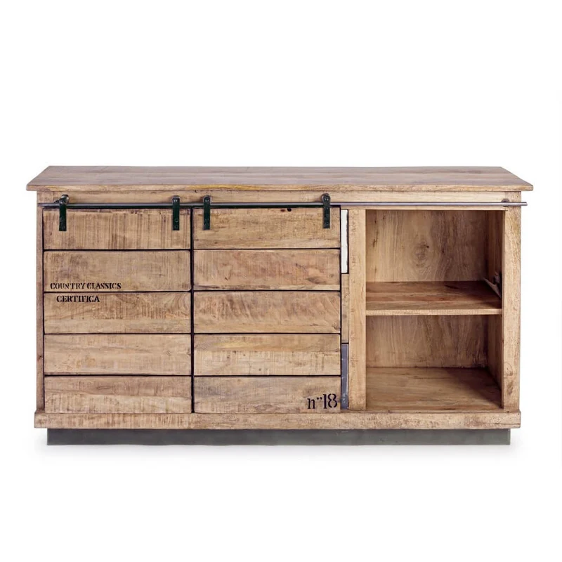 Credenza in Legno di Mango 2 Ante Scorrevoli e 3 Cassetti Stile Industriale - THEODORE