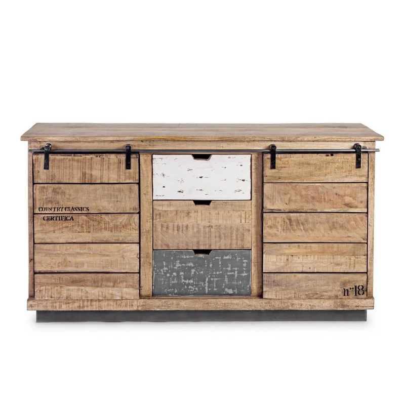 Credenza in Legno di Mango 2 Ante Scorrevoli e 3 Cassetti Stile Industriale - THEODORE