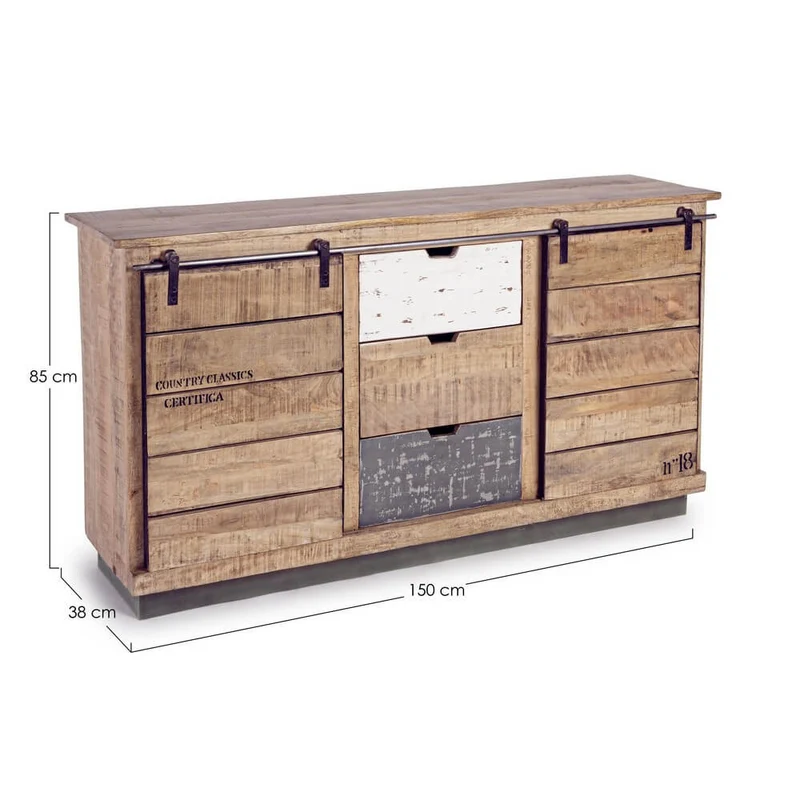 Credenza in Legno di Mango 2 Ante Scorrevoli e 3 Cassetti Stile Industriale - THEODORE