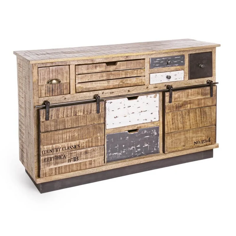 Credenza in Legno di Mango con 2 Ante e 7 Cassetti Stile Industrial Vintage - THEODORE