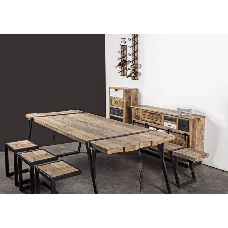 Credenza in Legno di Mango con 2 Ante e 7 Cassetti Stile Industrial Vintage - THEODORE