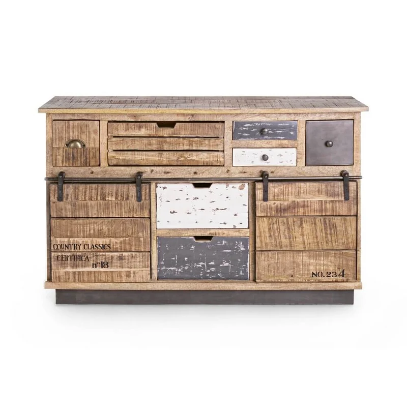 Credenza in Legno di Mango con 2 Ante e 7 Cassetti Stile Industrial Vintage - THEODORE