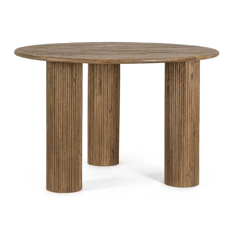 Tavolo Rotondo in Legno di Mango con Gambe a Colonna Scanalate - JASPER