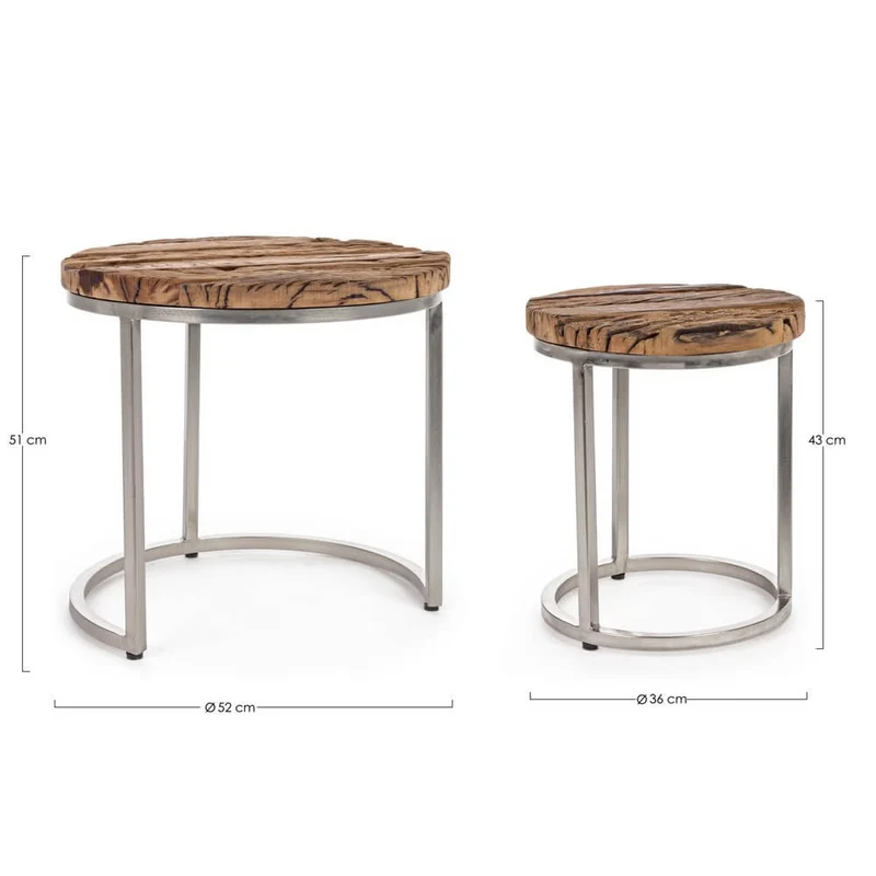 Set di 2 tavolini rotondi in legno riciclato e acciaio nickel - ELLIOTT