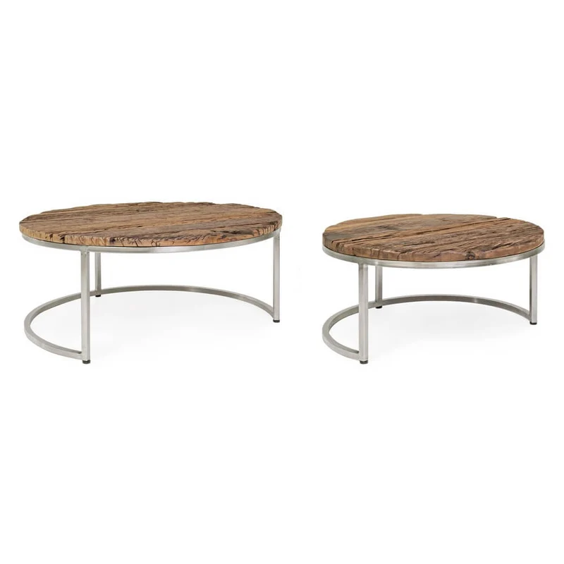 Set 2 Tavolini Rotondi Bassi in Legno Riciclato e Acciaio - ELLIOTT