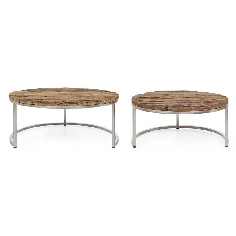 Set 2 Tavolini Rotondi Bassi in Legno Riciclato e Acciaio - ELLIOTT