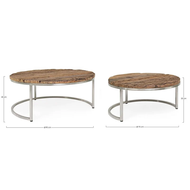 Set 2 Tavolini Rotondi Bassi in Legno Riciclato e Acciaio - ELLIOTT
