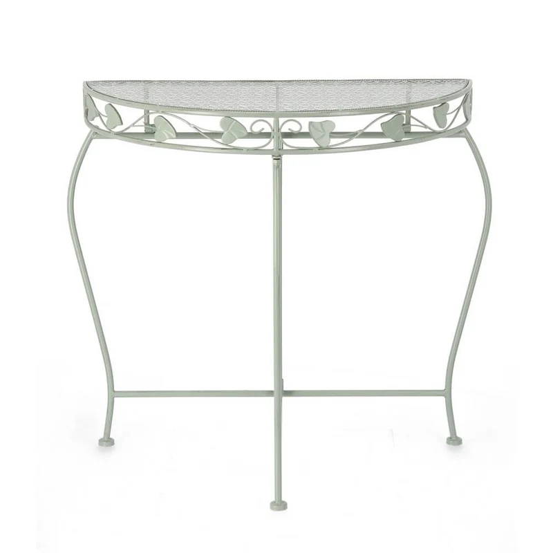 Set di 2 Consolle Mezzaluna in Acciaio Verde Salvia con Decori Floreali - GIANNA