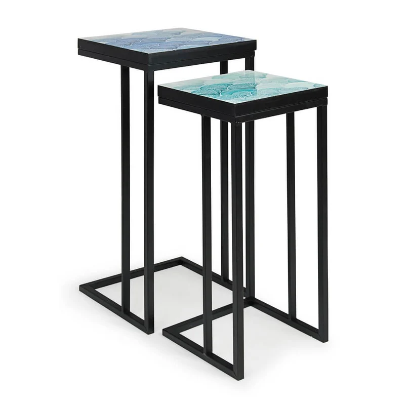 Set di 2 tavolini alti in acciaio con piano decorato farfalle - DECLAN