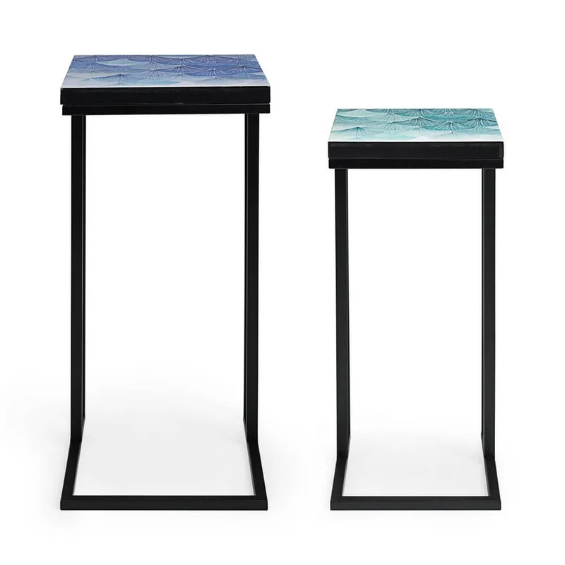 Set di 2 tavolini alti in acciaio con piano decorato farfalle - DECLAN