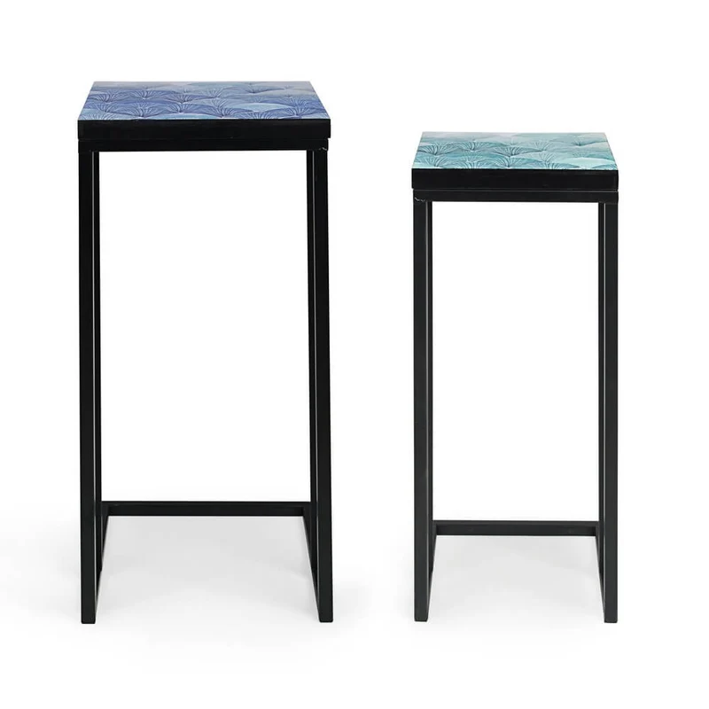 Set di 2 tavolini alti in acciaio con piano decorato farfalle - DECLAN