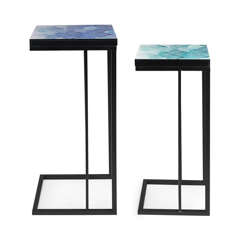 Set di 2 tavolini alti in acciaio con piano decorato farfalle - DECLAN