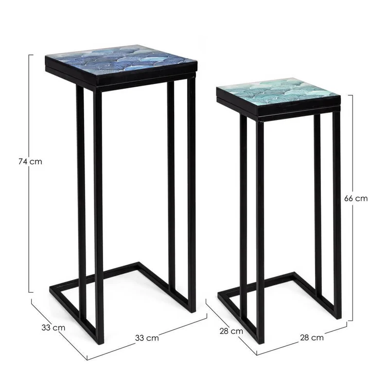 Set di 2 tavolini alti in acciaio con piano decorato farfalle - DECLAN