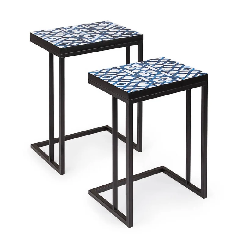 Set di 2 Tavolini Ausiliari in Acciaio con Piano MDF Decorato - DECLAN