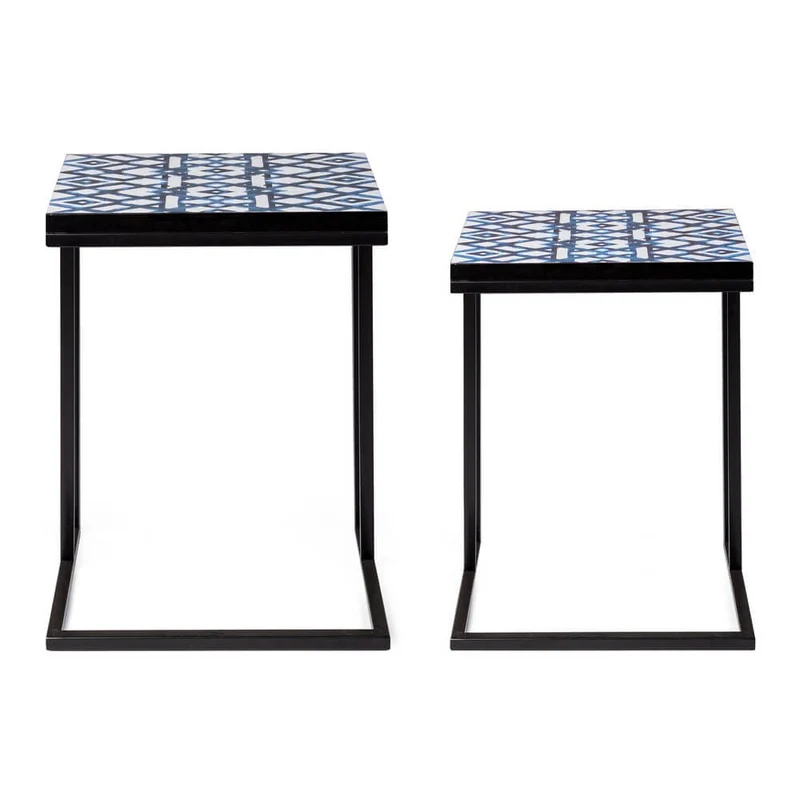 Set di 2 Tavolini Ausiliari in Acciaio con Piano MDF Decorato - DECLAN