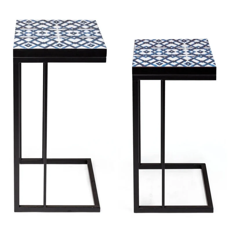 Set di 2 Tavolini Ausiliari in Acciaio con Piano MDF Decorato - DECLAN
