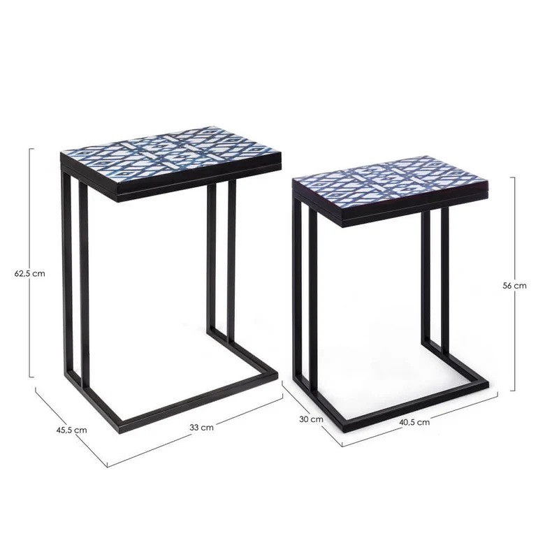 Set di 2 Tavolini Ausiliari in Acciaio con Piano MDF Decorato - DECLAN