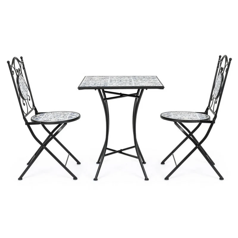 Set da 3 pezzi tavolo quadrato e sedie pieghevoli in acciaio con ceramica da esterno - BYZANTINE