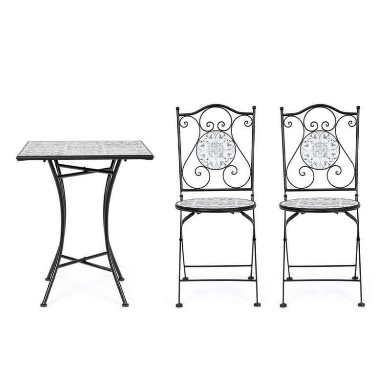 Set da 3 pezzi tavolo quadrato e sedie pieghevoli in acciaio con ceramica da esterno - BYZANTINE