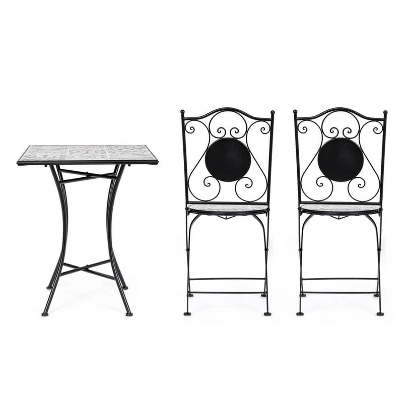 Set da 3 pezzi tavolo quadrato e sedie pieghevoli in acciaio con ceramica da esterno - BYZANTINE
